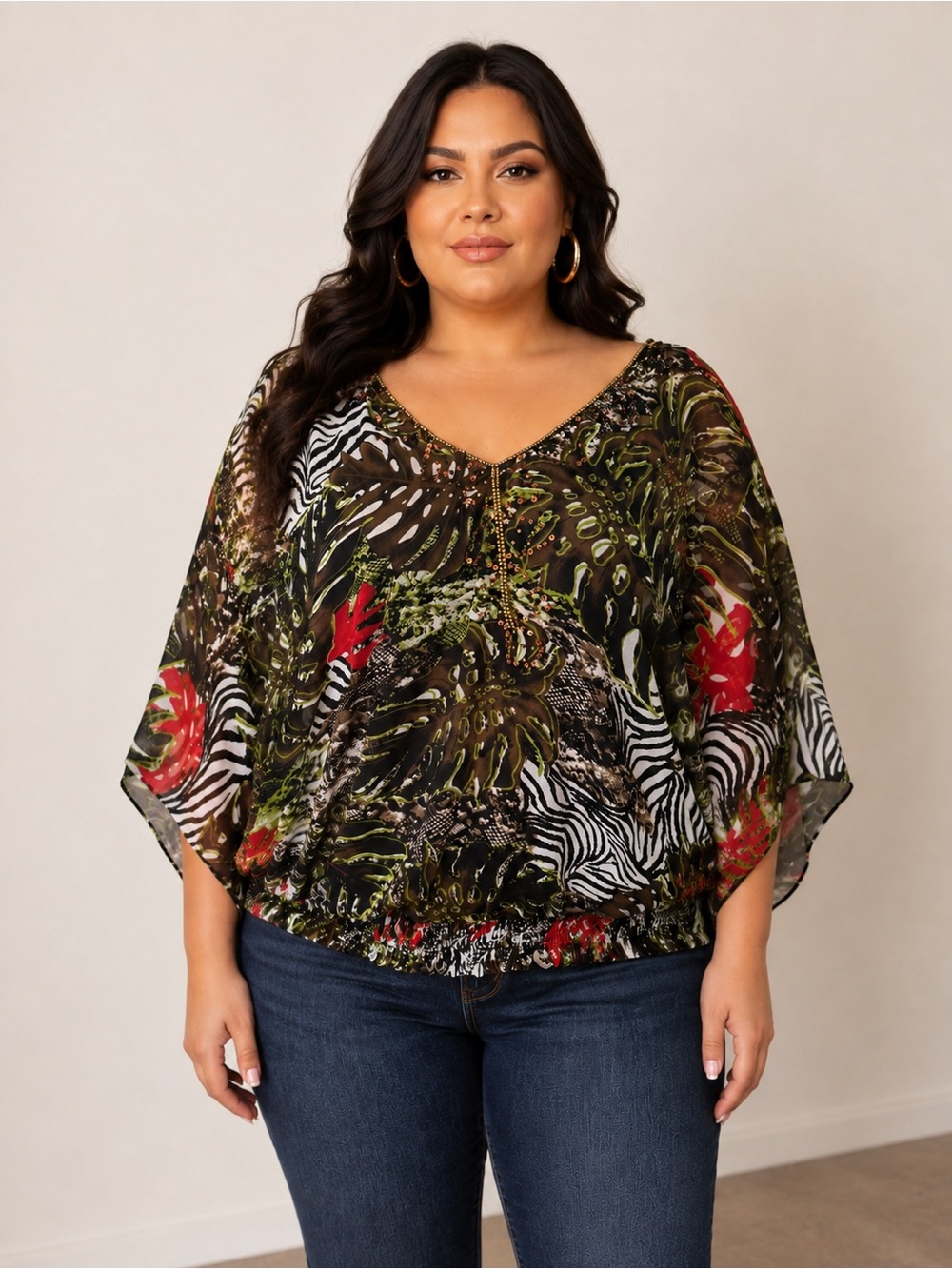 V-Neck Tropical Print Blouse in Olive, Black & Red With Beaded Detail